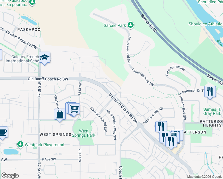 map of restaurants, bars, coffee shops, grocery stores, and more near 96 Cougar Ridge Landing Southwest in Calgary
