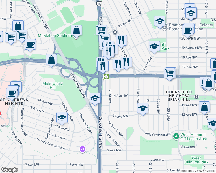 map of restaurants, bars, coffee shops, grocery stores, and more near 1527 23 Street Northwest in Calgary