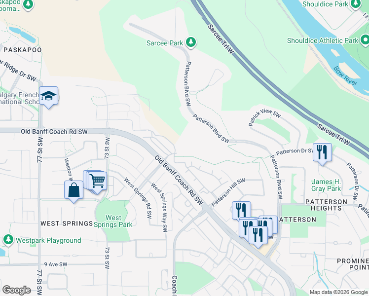 map of restaurants, bars, coffee shops, grocery stores, and more near 15 Cougar Ridge Landing Southwest in Calgary