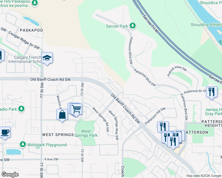 map of restaurants, bars, coffee shops, grocery stores, and more near in Calgary