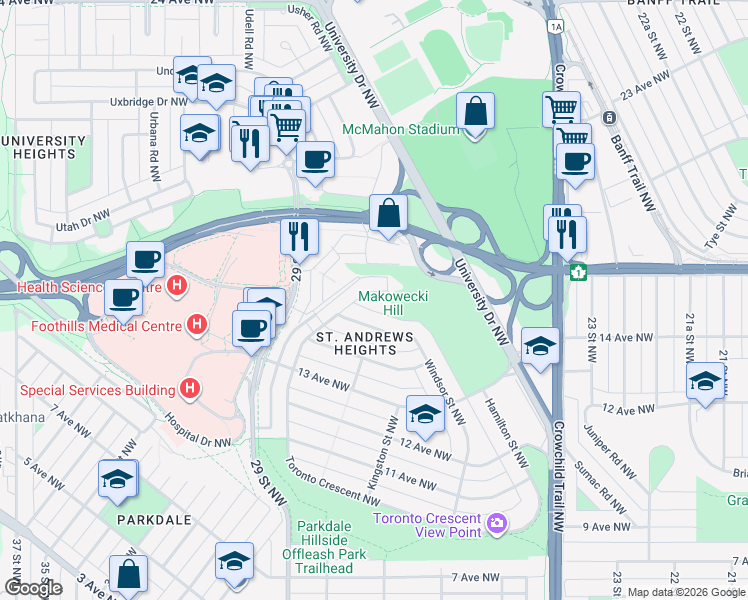 map of restaurants, bars, coffee shops, grocery stores, and more near 1652 Saint Andrews Place Northwest in Calgary