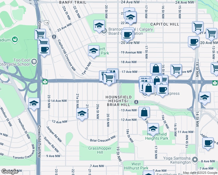 map of restaurants, bars, coffee shops, grocery stores, and more near 1523 20 Street Northwest in Calgary