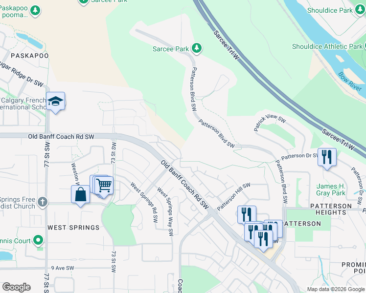 map of restaurants, bars, coffee shops, grocery stores, and more near 15 Cougar Ridge Landing Southwest in Calgary