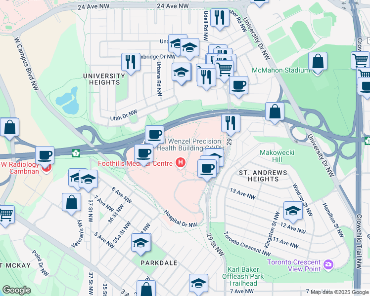 map of restaurants, bars, coffee shops, grocery stores, and more near 3330 Hospital Drive Northwest in Calgary