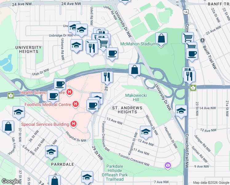 map of restaurants, bars, coffee shops, grocery stores, and more near 1540 29 Street Northwest in Calgary