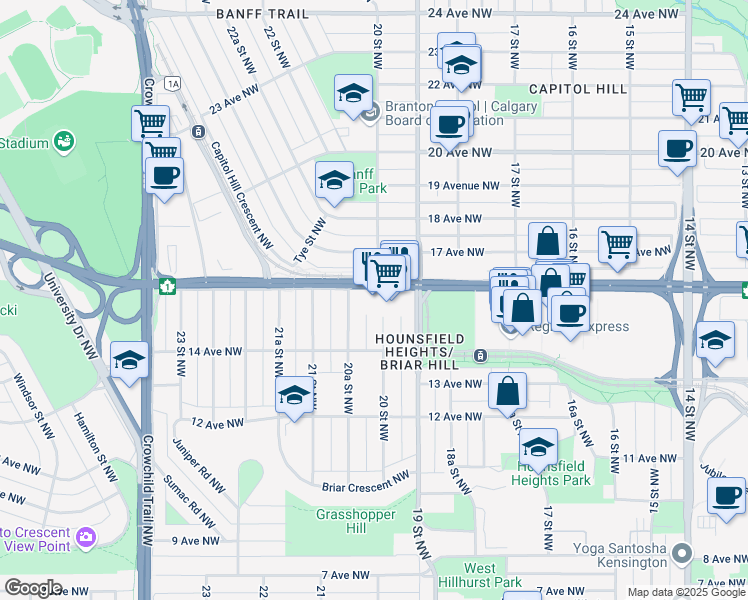 map of restaurants, bars, coffee shops, grocery stores, and more near 1523 20 Street Northwest in Calgary