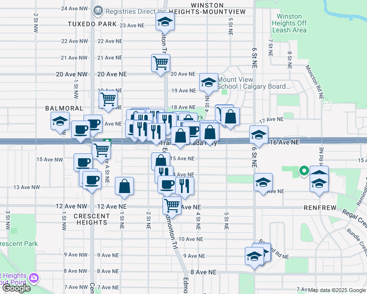 map of restaurants, bars, coffee shops, grocery stores, and more near in Calgary