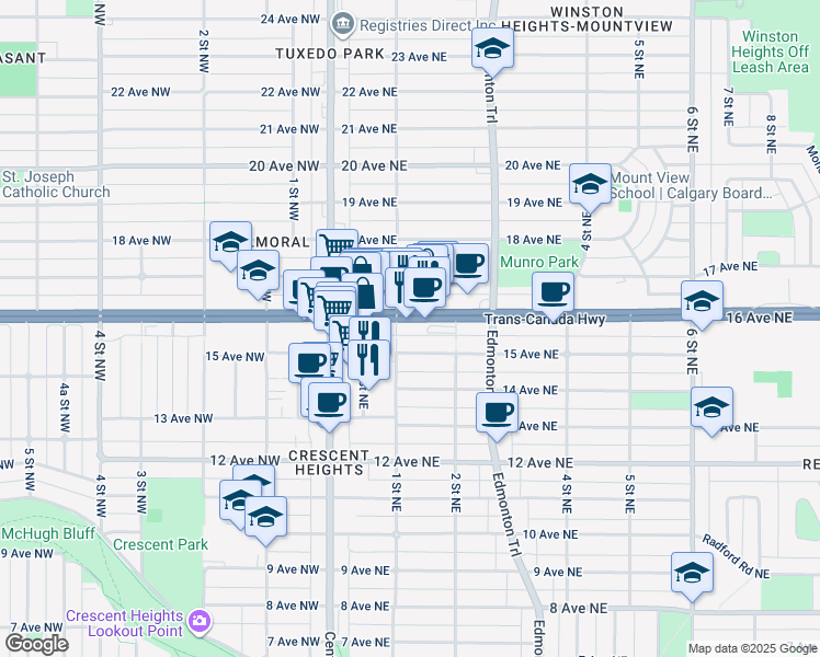 map of restaurants, bars, coffee shops, grocery stores, and more near 1616 1 Street Northeast in Calgary