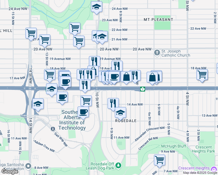 map of restaurants, bars, coffee shops, grocery stores, and more near 16 Ave NW & 9 St NW in Calgary