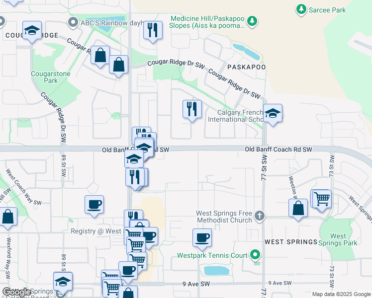 map of restaurants, bars, coffee shops, grocery stores, and more near Old Banff Coach Road Southwest in Calgary