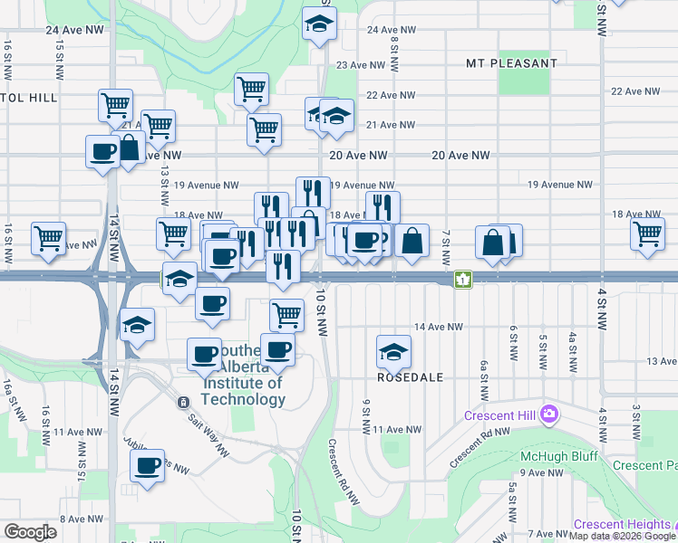 map of restaurants, bars, coffee shops, grocery stores, and more near in Calgary