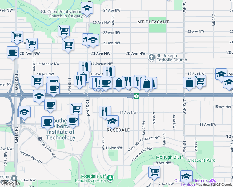 map of restaurants, bars, coffee shops, grocery stores, and more near in Calgary