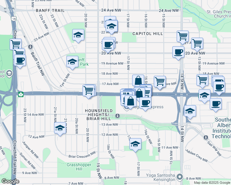 map of restaurants, bars, coffee shops, grocery stores, and more near 1837 17 Avenue Northwest in Calgary