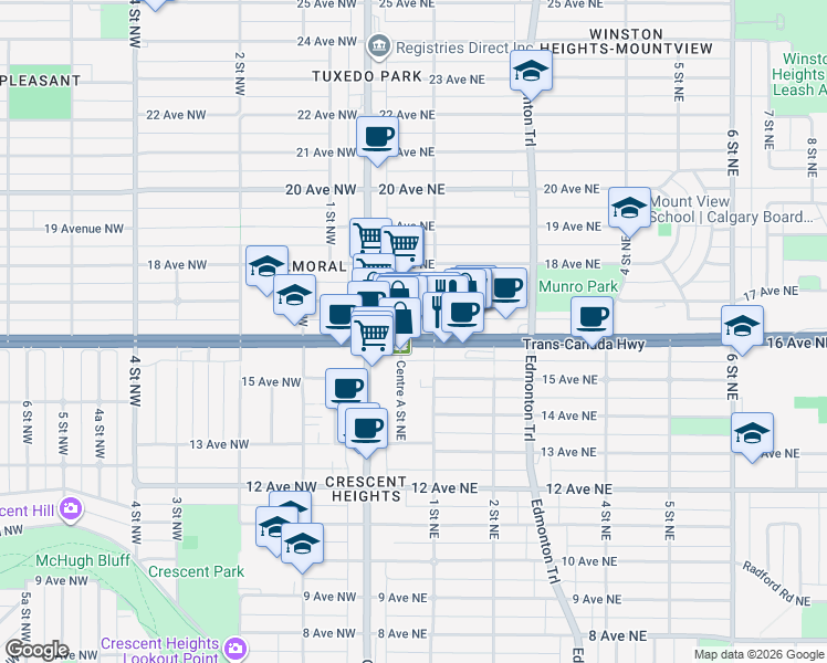 map of restaurants, bars, coffee shops, grocery stores, and more near 136 17 Avenue Northeast in Calgary