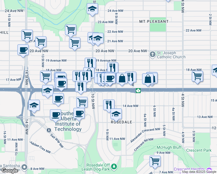 map of restaurants, bars, coffee shops, grocery stores, and more near in Calgary