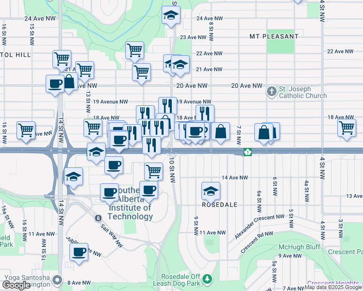 map of restaurants, bars, coffee shops, grocery stores, and more near 1022 16 Avenue Northwest in Calgary