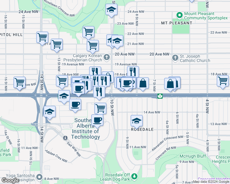 map of restaurants, bars, coffee shops, grocery stores, and more near in Calgary