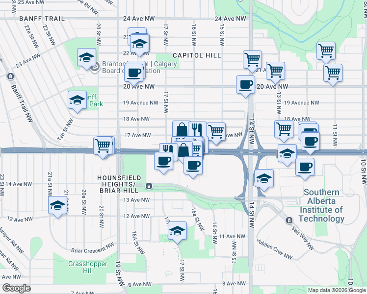 map of restaurants, bars, coffee shops, grocery stores, and more near 420-1716 16 Avenue Northwest in Calgary
