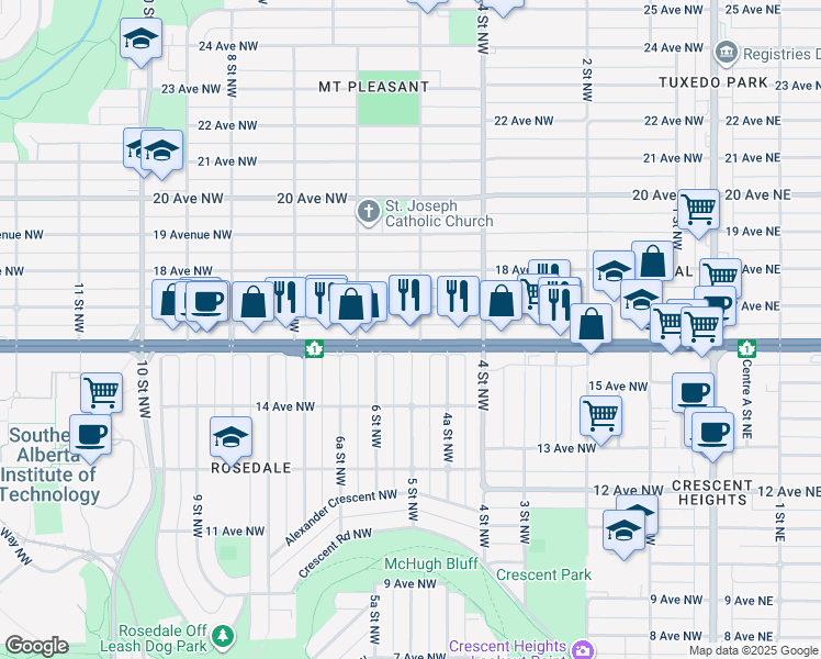 map of restaurants, bars, coffee shops, grocery stores, and more near 615 17 Avenue Northwest in Calgary