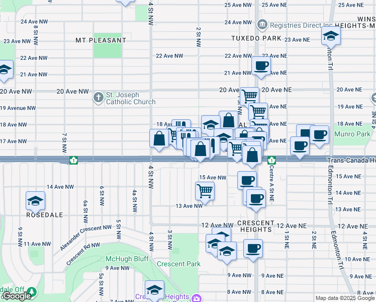 map of restaurants, bars, coffee shops, grocery stores, and more near in Calgary