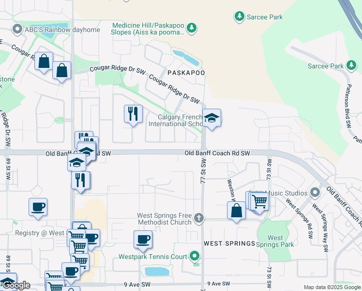 map of restaurants, bars, coffee shops, grocery stores, and more near 15 Cougar Ridge Court Southwest in Calgary
