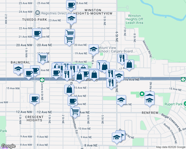 map of restaurants, bars, coffee shops, grocery stores, and more near 510 16 Avenue Northeast in Calgary