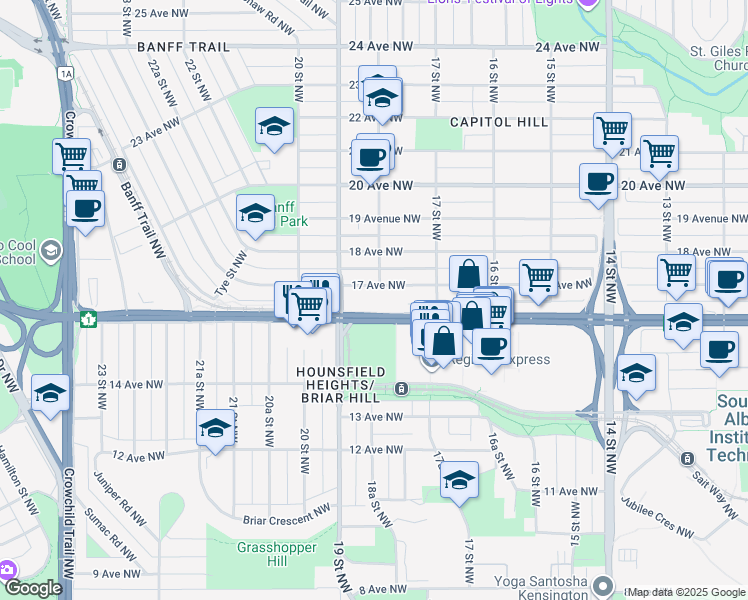 map of restaurants, bars, coffee shops, grocery stores, and more near 1818 16 Avenue Northwest in Calgary