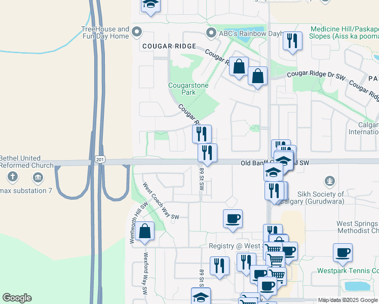 map of restaurants, bars, coffee shops, grocery stores, and more near 52 Cougarstone Square Southwest in Calgary