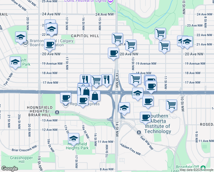 map of restaurants, bars, coffee shops, grocery stores, and more near 1523 17 Avenue Northwest in Calgary