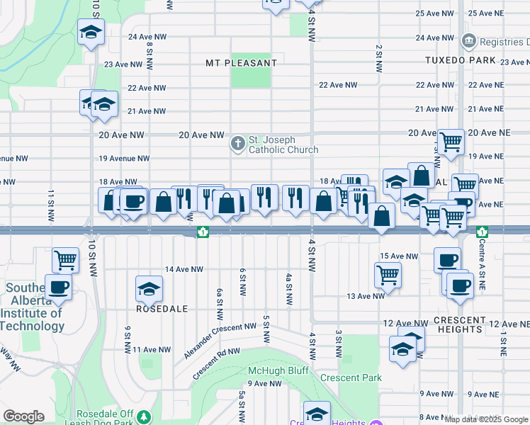 map of restaurants, bars, coffee shops, grocery stores, and more near in Calgary