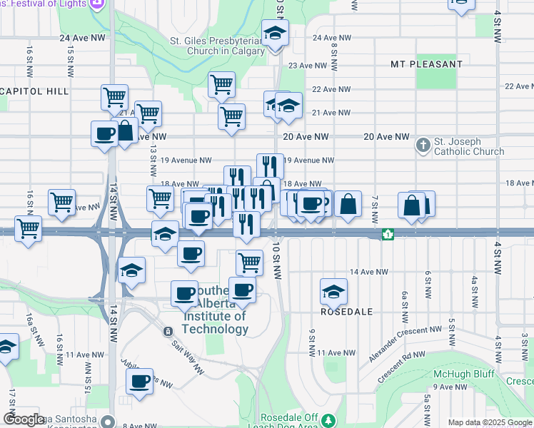map of restaurants, bars, coffee shops, grocery stores, and more near 1717 10 Street Northwest in Calgary
