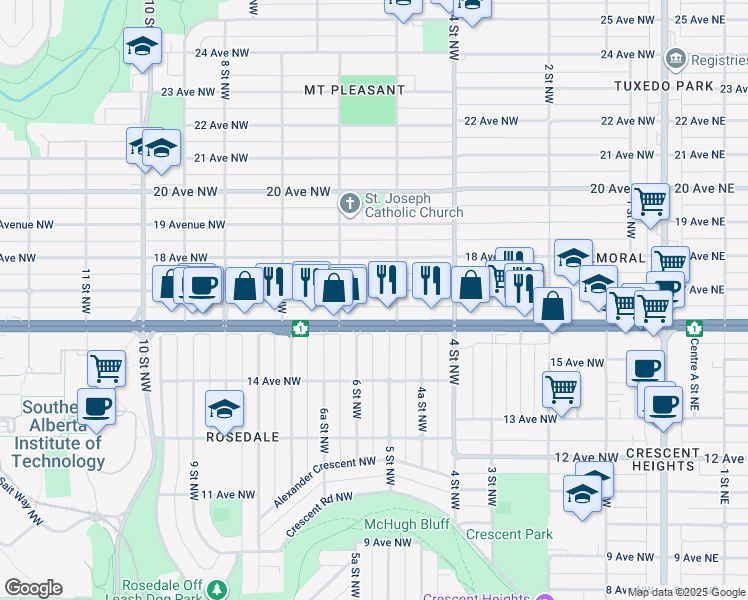 map of restaurants, bars, coffee shops, grocery stores, and more near 615 17 Avenue Northwest in Calgary