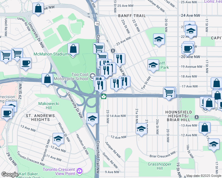 map of restaurants, bars, coffee shops, grocery stores, and more near 2416 16 Avenue Northwest in Calgary