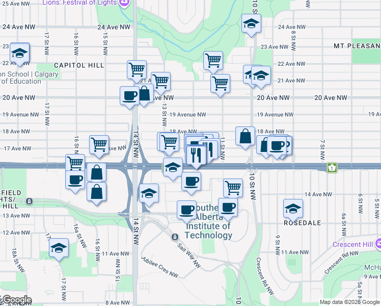 map of restaurants, bars, coffee shops, grocery stores, and more near 1301 17 Avenue Northwest in Calgary