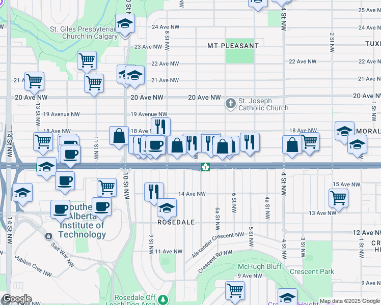 map of restaurants, bars, coffee shops, grocery stores, and more near 807 17 Avenue Northwest in Calgary