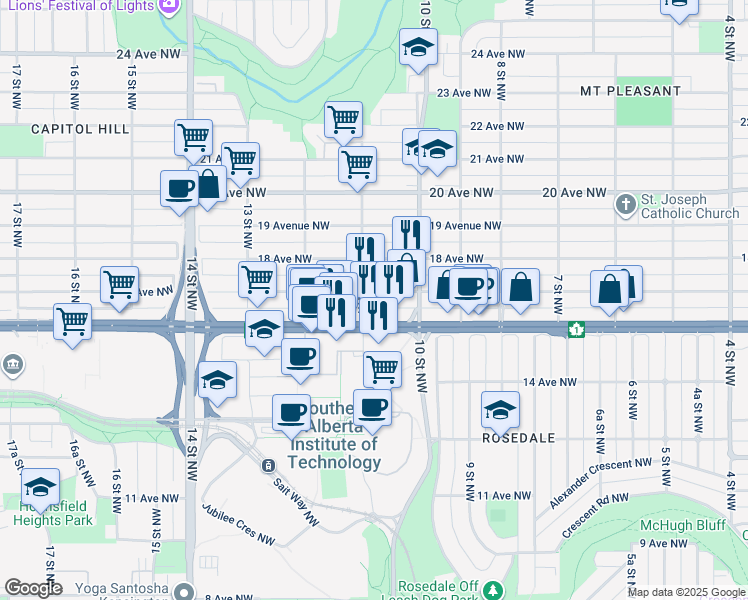 map of restaurants, bars, coffee shops, grocery stores, and more near 1133 17 Avenue Northwest in Calgary