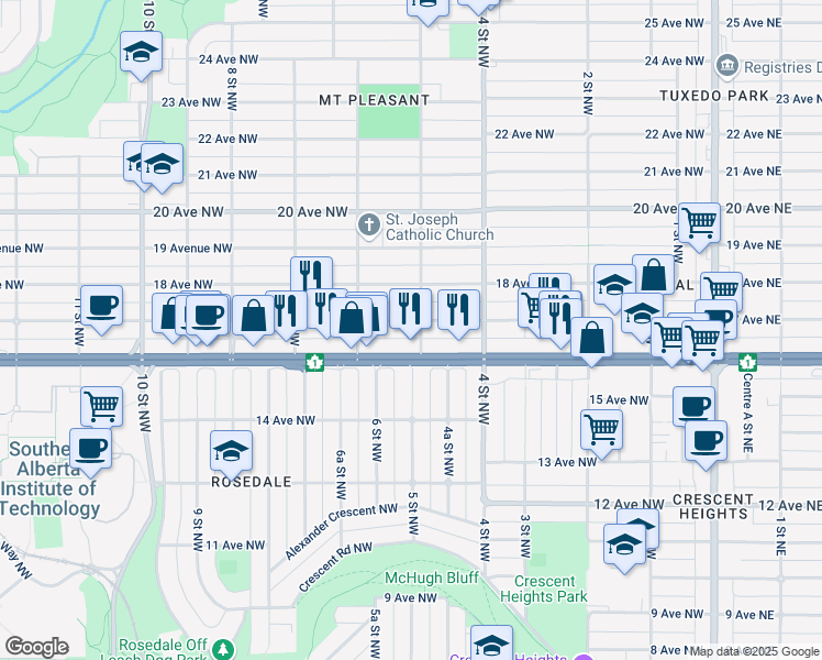 map of restaurants, bars, coffee shops, grocery stores, and more near 605 17 Avenue Northwest in Calgary