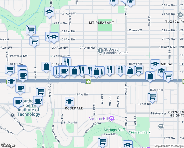 map of restaurants, bars, coffee shops, grocery stores, and more near 717 17 Avenue Northwest in Calgary