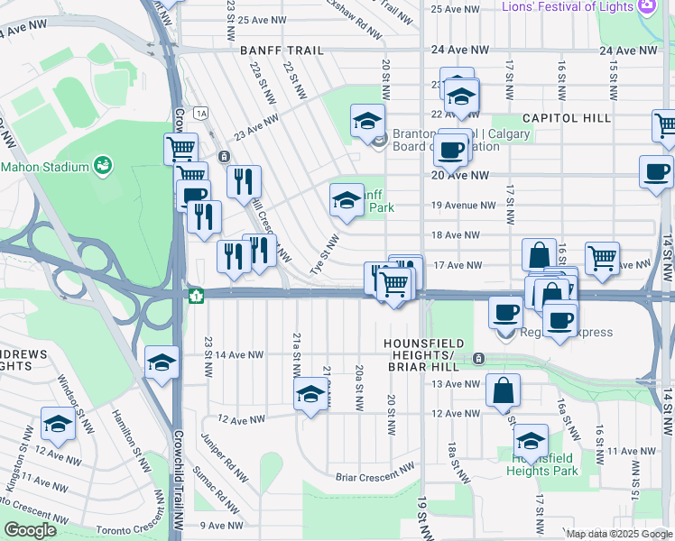 map of restaurants, bars, coffee shops, grocery stores, and more near 2135 Halifax Crescent Northwest in Calgary