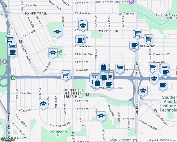 map of restaurants, bars, coffee shops, grocery stores, and more near 1837 17 Avenue Northwest in Calgary