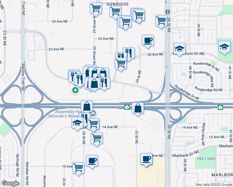 map of restaurants, bars, coffee shops, grocery stores, and more near 3333 Sunridge Way Northeast in Calgary