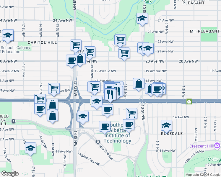 map of restaurants, bars, coffee shops, grocery stores, and more near 1240 17 Avenue Northwest in Calgary