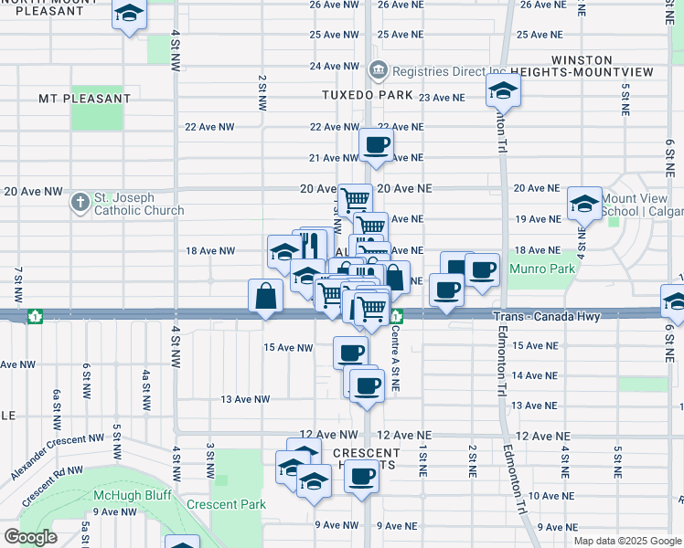 map of restaurants, bars, coffee shops, grocery stores, and more near 118 17 Avenue Northwest in Calgary