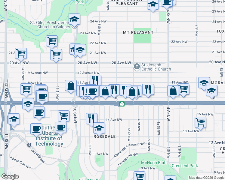 map of restaurants, bars, coffee shops, grocery stores, and more near 807 17 Avenue Northwest in Calgary