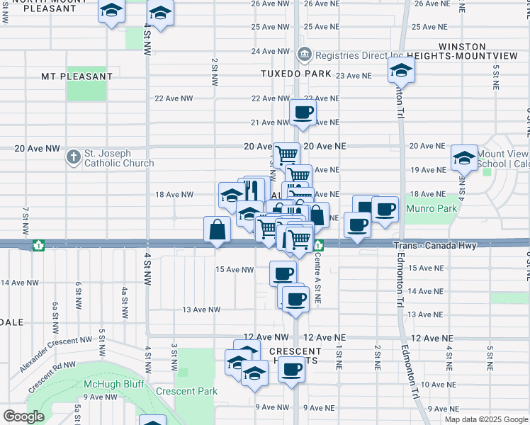 map of restaurants, bars, coffee shops, grocery stores, and more near 124 Trans-Canada Highway in Calgary