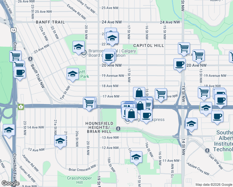 map of restaurants, bars, coffee shops, grocery stores, and more near 1837 17 Avenue Northwest in Calgary