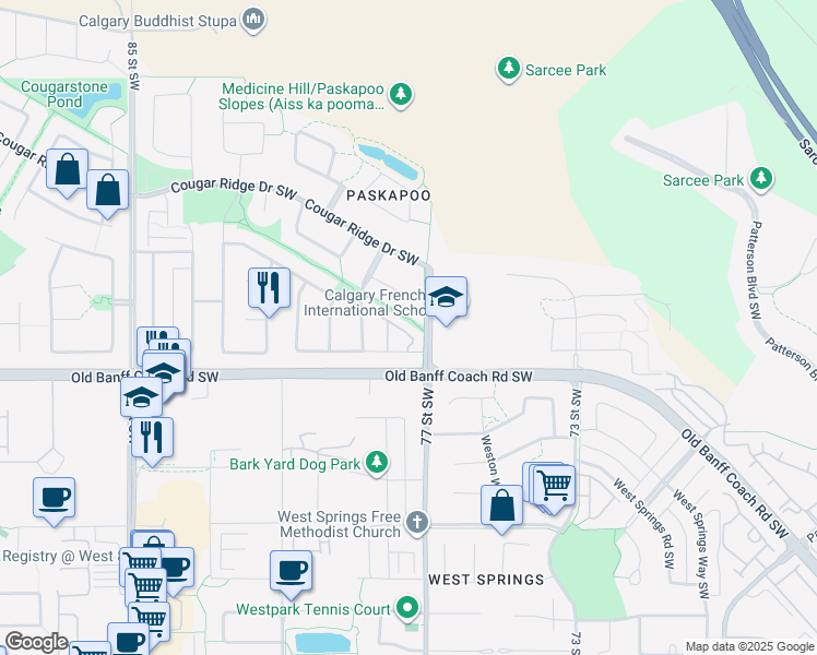map of restaurants, bars, coffee shops, grocery stores, and more near 24 Cougar Ridge Mews Southwest in Calgary
