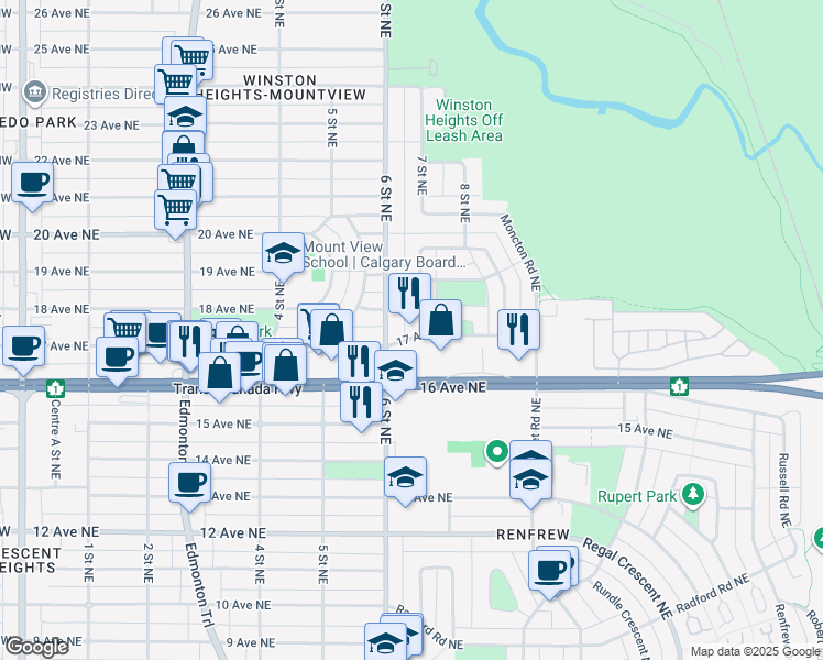 map of restaurants, bars, coffee shops, grocery stores, and more near 708 17 Avenue Northeast in Calgary