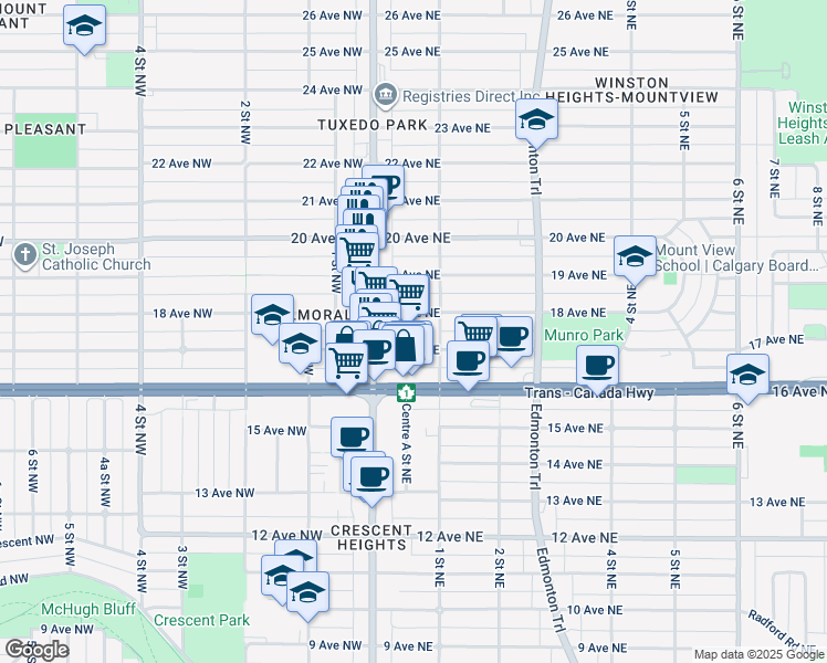 map of restaurants, bars, coffee shops, grocery stores, and more near 1818 Centre Street Northwest in Calgary