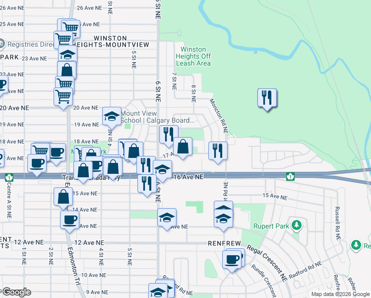 map of restaurants, bars, coffee shops, grocery stores, and more near 20 Montrose Crescent Northeast in Calgary